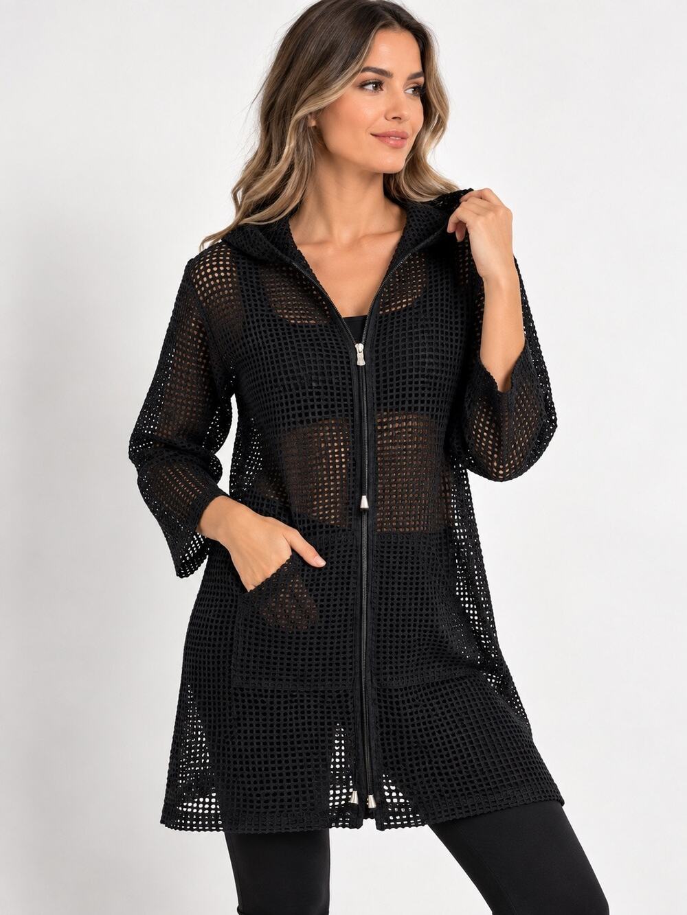Women’s Black Mesh Hooded Long Jacket / Cover-Up